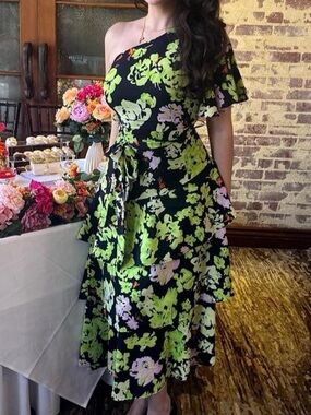 Tiered Ruffle Belted Floral One-Shoulder Midi Dress in Black with Lime Green